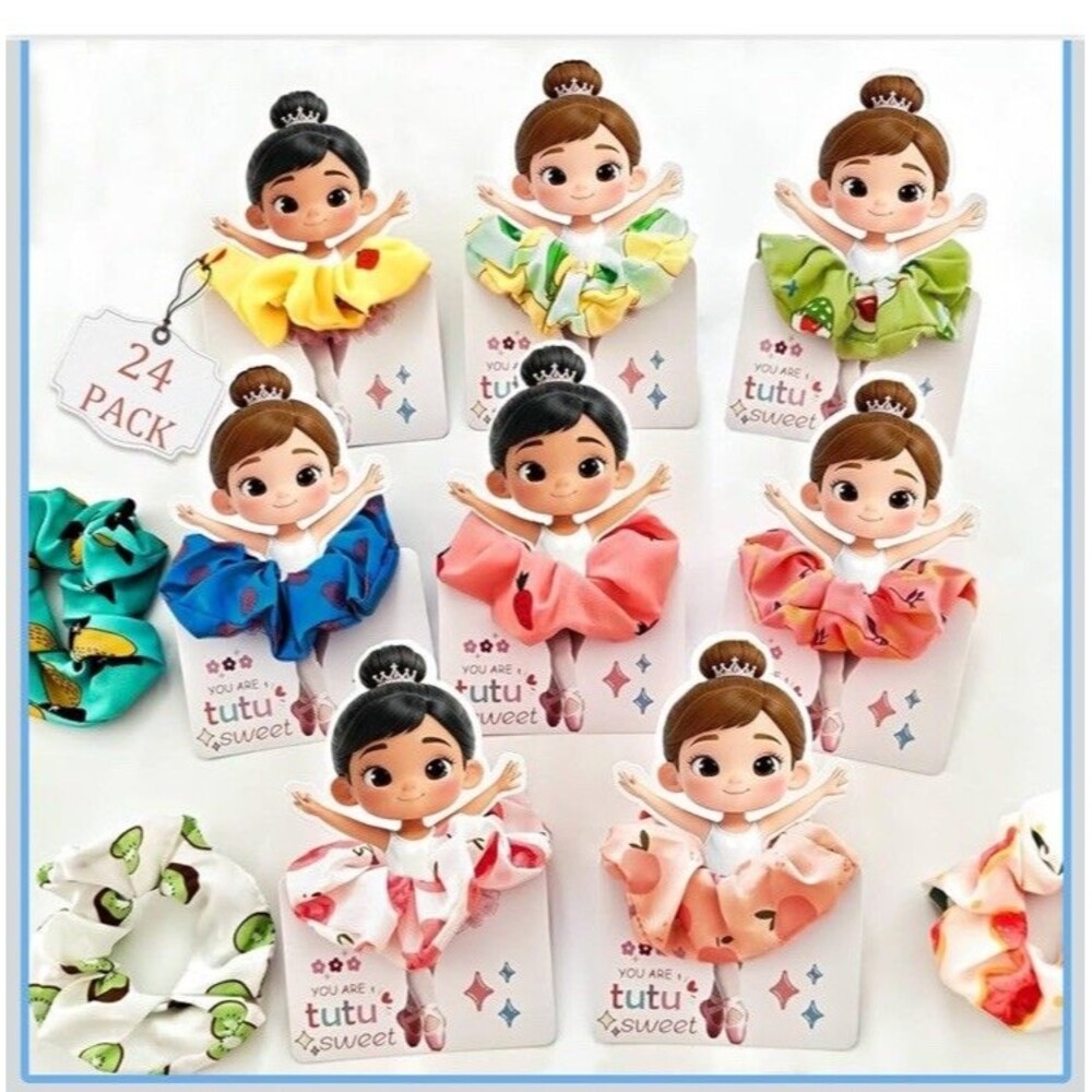 24 Valentine's Day/ Party Gifts for Kids Ballerina Cards with Hair Scrunchies
